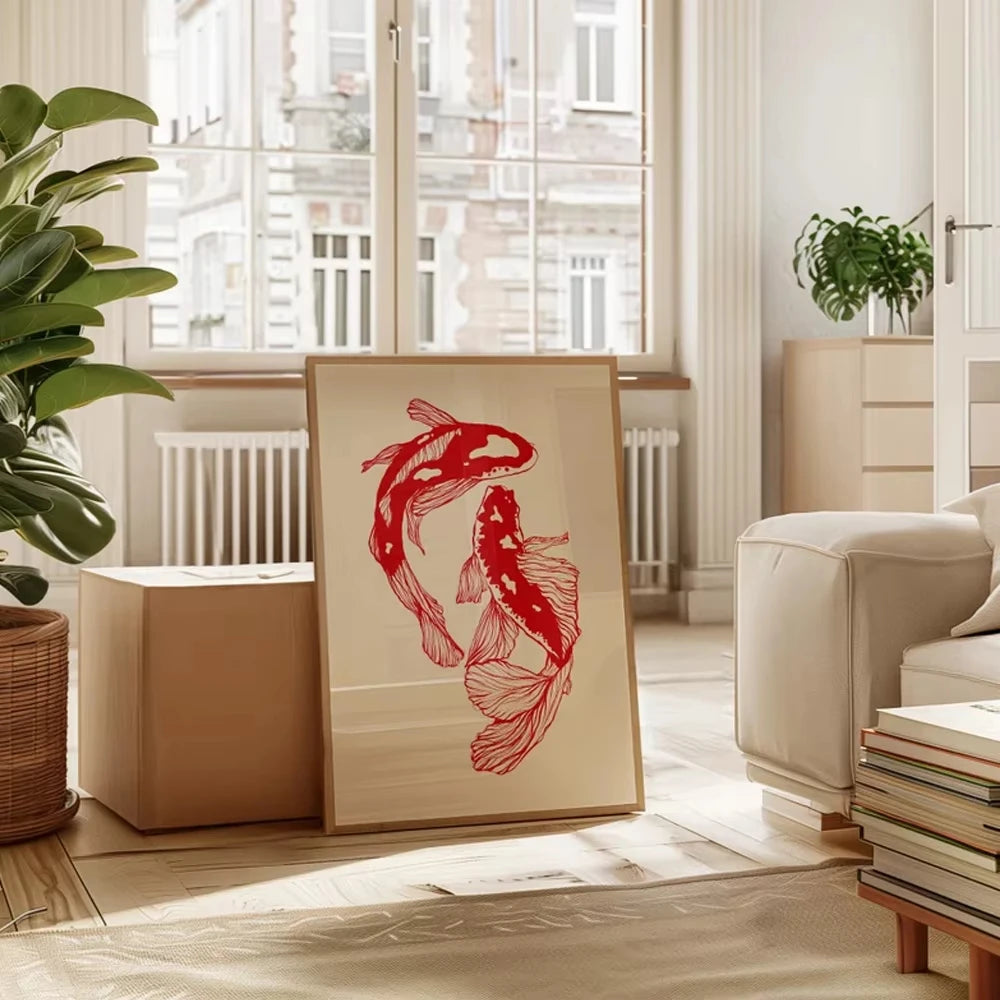 Quadro pra Decoração Retrô Carpas Vermelhas
