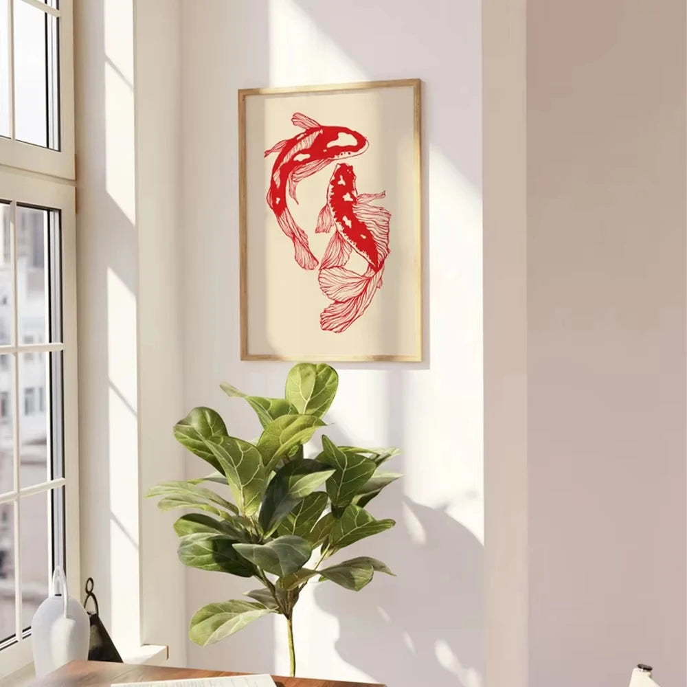 Quadro pra Decoração Retrô Carpas Vermelhas