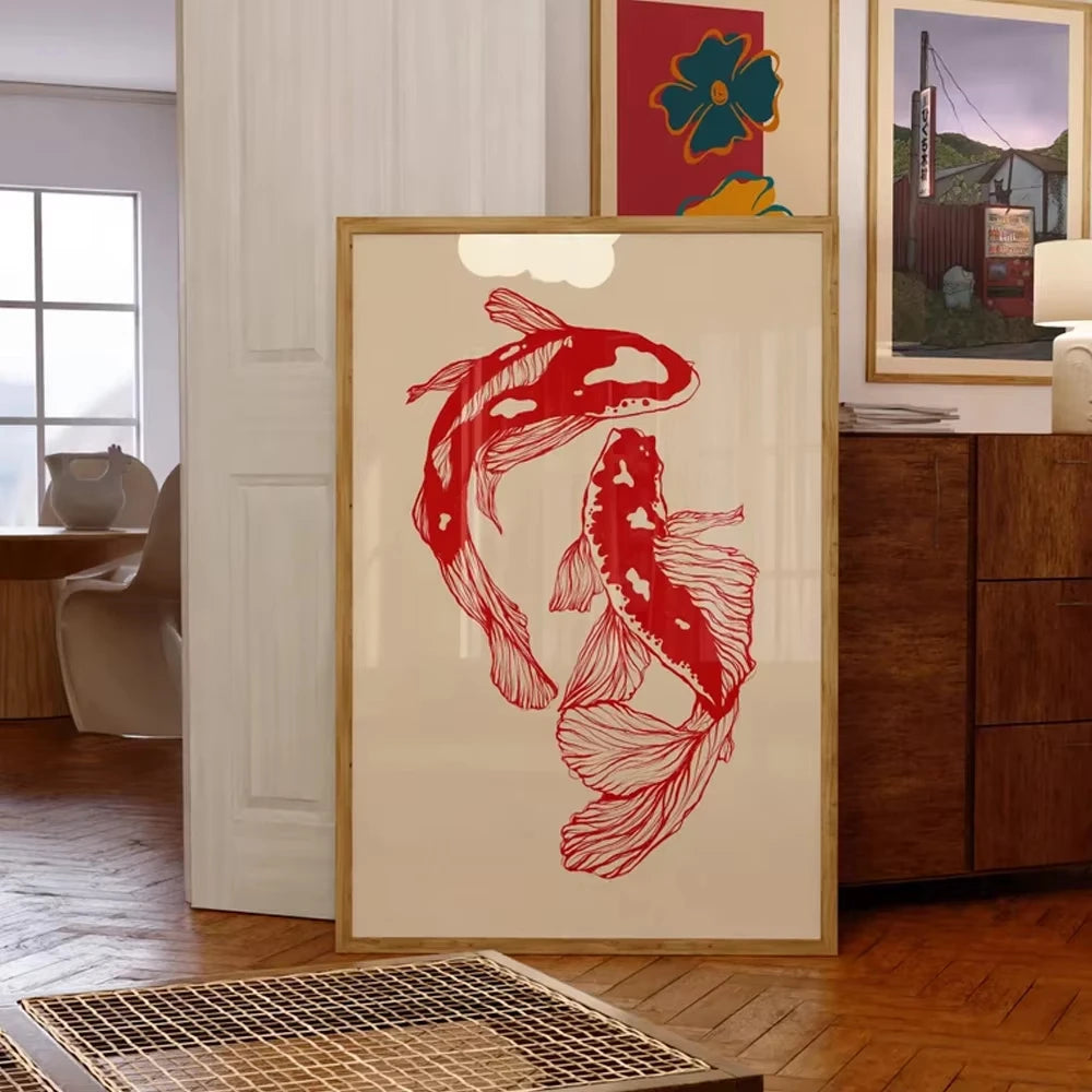 Quadro pra Decoração Retrô Carpas Vermelhas