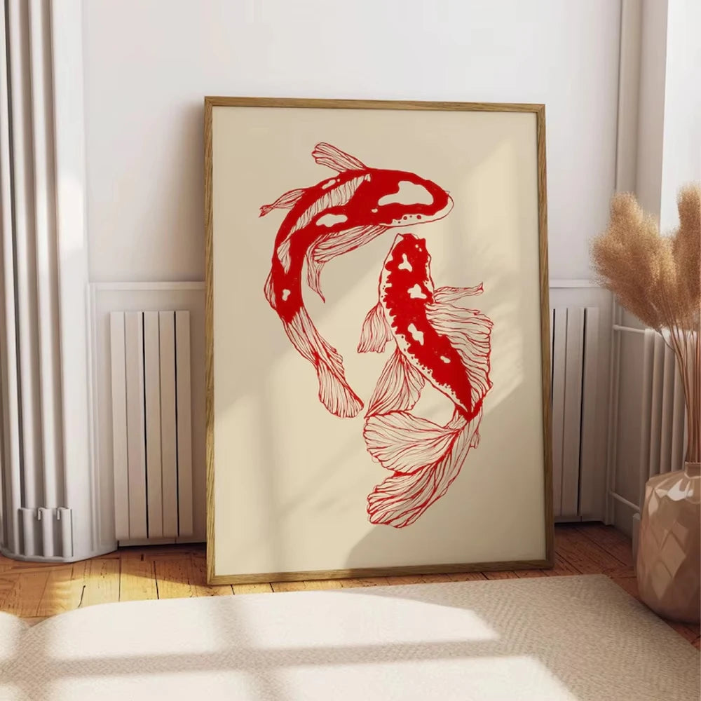 Quadro pra Decoração Retrô Carpas Vermelhas